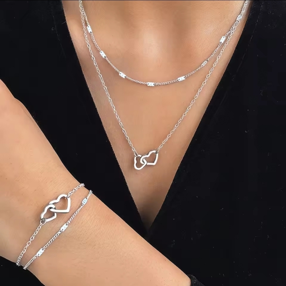 New Stainless‎ Steel Minmalist Double Chain Sikver Heart Necklace & Bracelet Set